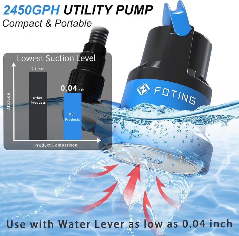 FOTING 1/2HP Submersible Water Pump with Stainless Steel Base - Removes Water to 0.04" Depth, 2450GPH Portable Sump Pump for Puddles, Pools, Boats, Gardens & Ponds - 10Ft Cord Included - Image 2